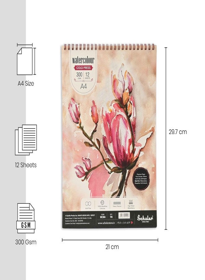 Scholar Watercolor Pad - 300 GSM Cold Pressed Acid Free Paper | Wire-O Bound Artist Pad Suitable for Watercolor, Gouache, Acrylic, Graphite, Pen & Ink (A4) (12 Sheets) - Image 2